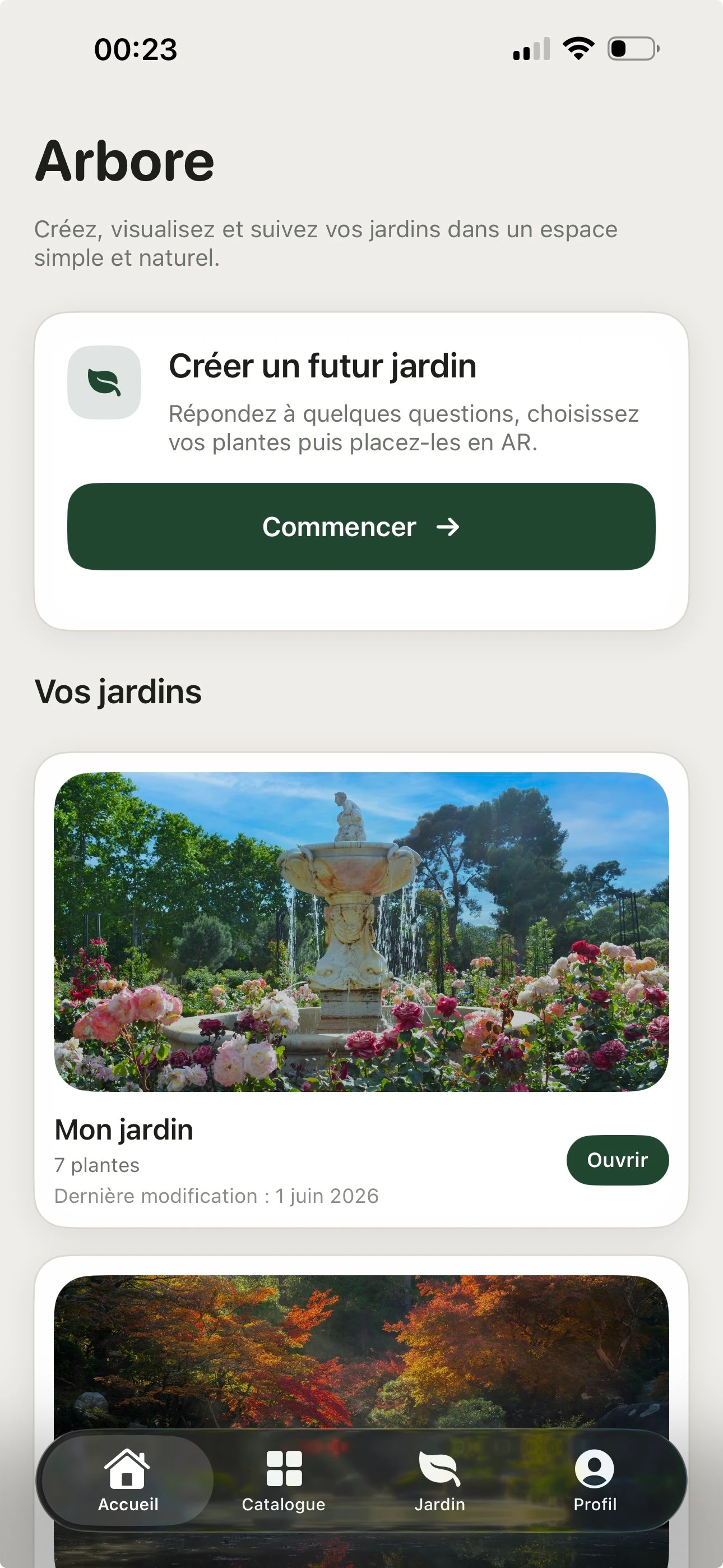 Écran d'accueil de l'app Arbore montrant les jardins de l'utilisateur