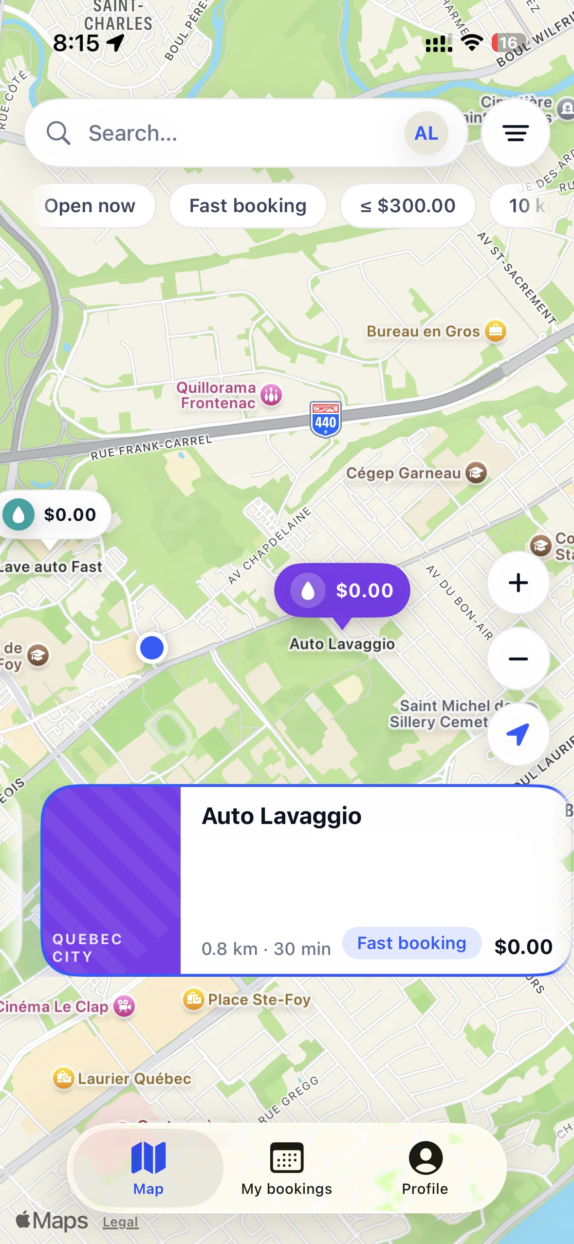 App CleanMyAuto : carte des lave-autos autour de soi et carte de réservation d'un créneau